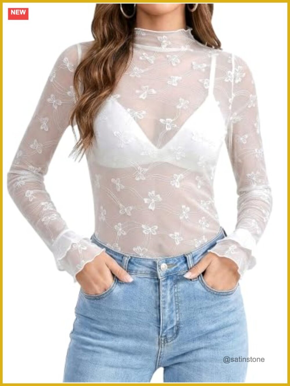 Women's Sheer Mesh Long Sleeve Lace Blouse
